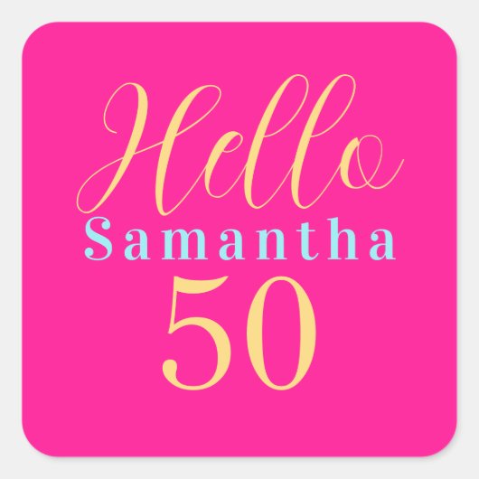 50th Birthday Hello 50 Hot Pink Party Quadratischer Aufkleber (Vorderseite)