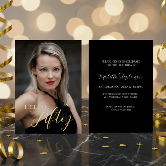  50th Birthday Hello Fifty Photo Black And Gold Folieneinladung