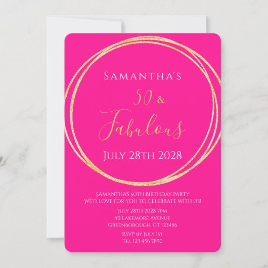 50th Birthday Hot Pink Gold Birthday Invitation Einladung (Vorderseite)