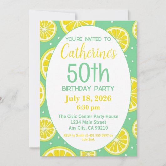 50th Birthday Invitation, Lemon and Green Motif Einladung (Vorderseite)