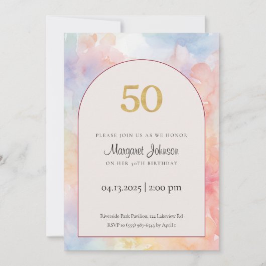 50th Birthday Invitation | Pastel Watercolor Gold  Einladung (Vorderseite)