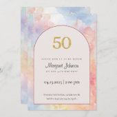 50th Birthday Invitation | Pastel Watercolor Gold  Einladung (Vorne/Hinten)