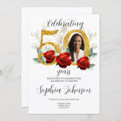 50th Birthday Invitation Photo Red Roses (Vorne/Hinten)