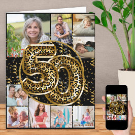 50th Birthday Leopard Print Gold Ballons Karte