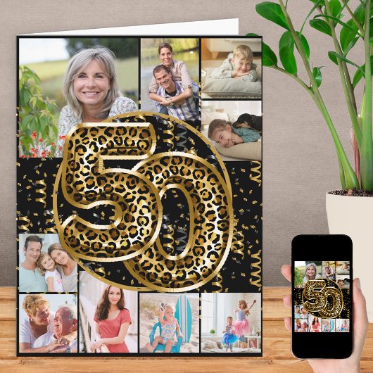 50th Birthday Leopard Print Gold Ballons Karte