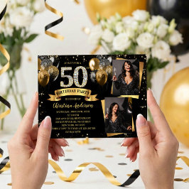 50th Birthday Modern Gold Glitter Balloons 2 Photo Einladung