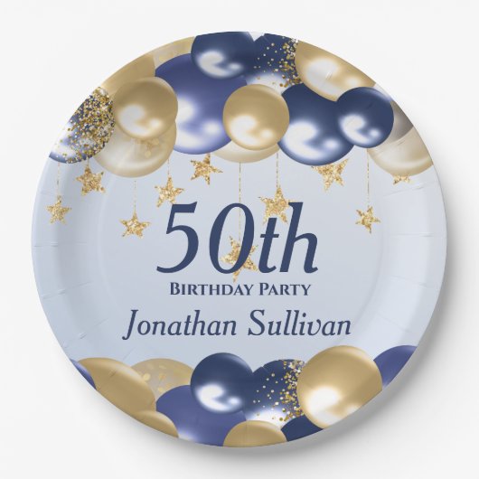50th Birthday Navy Gold Balloons Party Pappteller (Vorderseite)