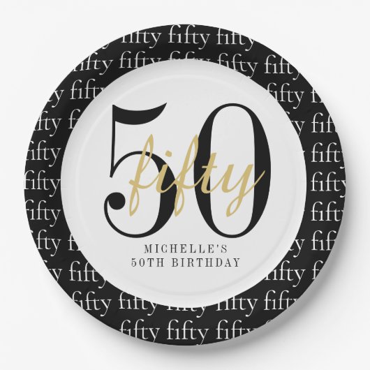 50th Birthday Party Black White Fifty Pappteller (Vorderseite)