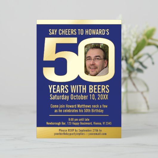 50th Birthday party blue gold foil photo beer Folieneinladung (Stehend vorne)