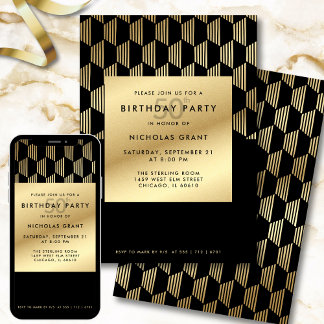 50th Birthday Party Modern Black and Gold Foil Einladung