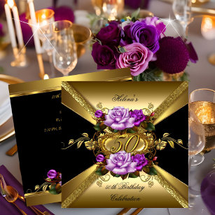 50th Birthday Party Roses Purple Gold Black Einladung