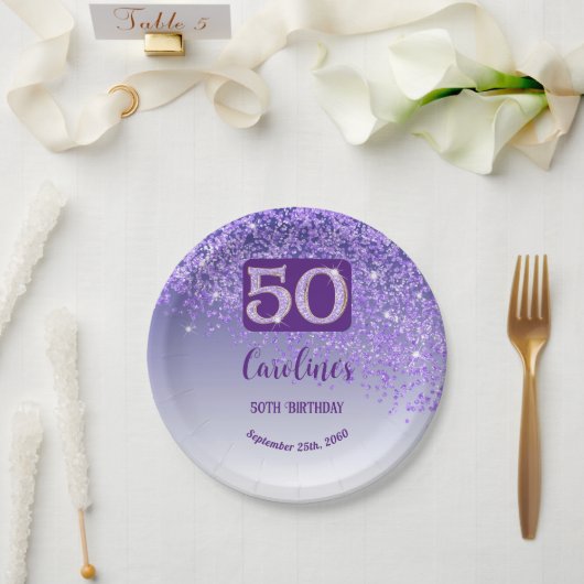 50th Birthday Party Sparkle Purple Glitter Pappteller (Hochzeit)