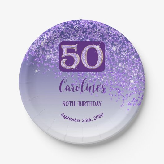 50th Birthday Party Sparkle Purple Glitter Pappteller (Vorderseite)