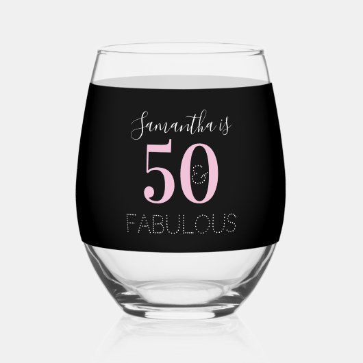 50th Birthday Personalized Black Pink Weinglas Ohne Stiel (Vorderseite)