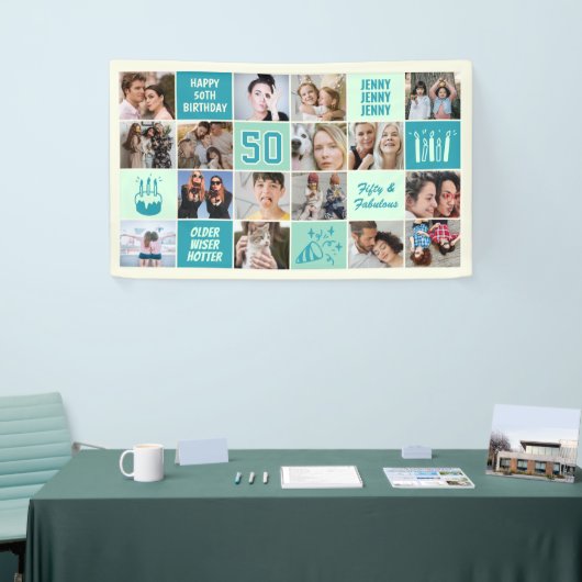 50th Birthday Photo Collage Custom Mint Green Teal Banner (Messeveranstaltung)