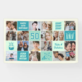 50th Birthday Photo Collage Custom Mint Green Teal Banner