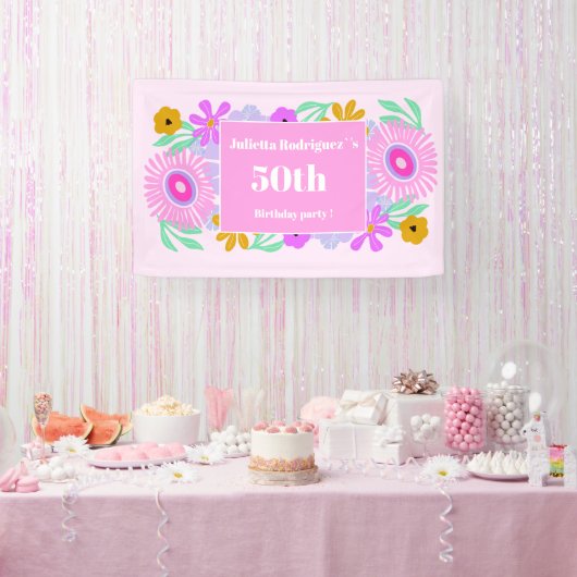 50th birthday pink modern cute floral chic Banner (Party)
