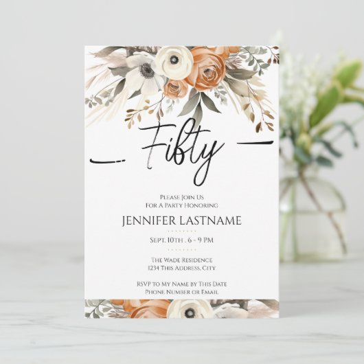 50th Birthday Rustic Floral Fall Einladung (Stehend Vorderseite)