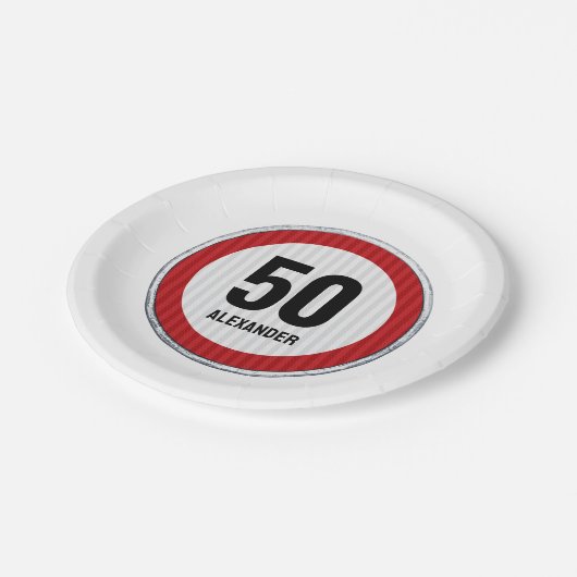 50th Birthday Speed Limit Sign CUSTOM AGE & NAME Pappteller (Schrägansicht)
