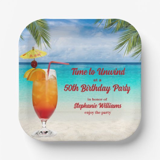 50th Birthday Summer Cocktail Beach Party Pappteller (Vorderseite)