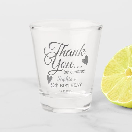 50th Birthday Thank You Silver Party Favors Schnapsglas (Vorderseite)
