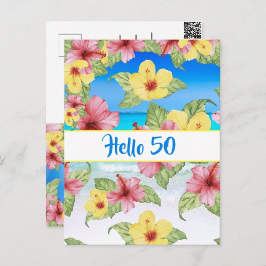 50th Birthday Tropical Flower Hello 50 Postkarte (Vorne/Hinten)