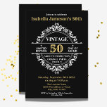 50th Black White and Gold Vintage Birthday  Einladung<br><div class="desc">This vintage inspired black, gold and white adult birthday invitation is perfect for 30th, 40th, 50th, 60th, 70th, 80th, 90th or any other age you may like. The design features a white split monogram with a gold 50 in the middle and the white text reads "Vintage. Limited edition, one of...</div>