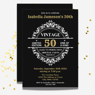 50th Black White and Gold Vintage Birthday Einladung