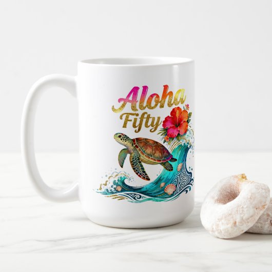 50th Fifty Birthday Tropical Ocean Beach Theme Kaffeetasse (Mit Donut)