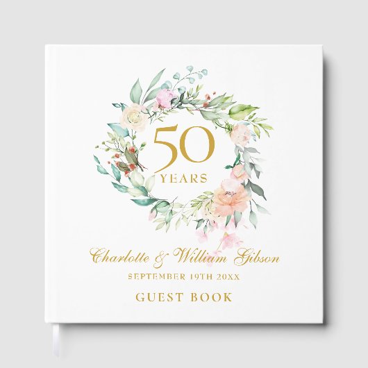 50th Golden Wedding Anniversary Floral Garland Gästebuch (Vorderseite)