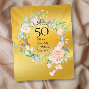 50th Golden Wedding Anniversary Floral Gold Foil Fleecedecke