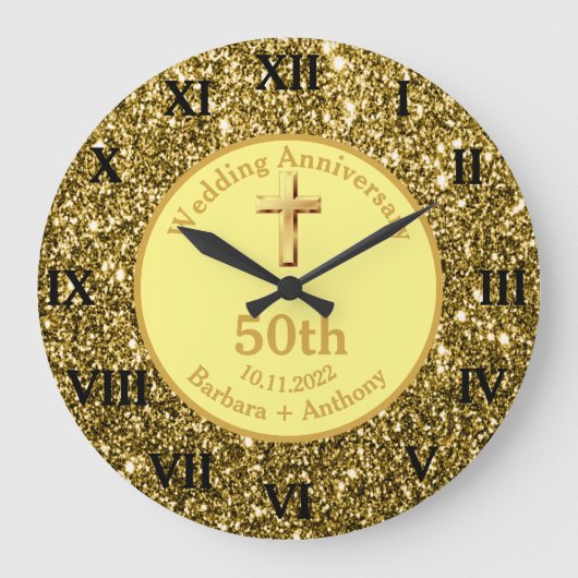 50th Golden Wedding Anniversary Gold Religious Lar Große Wanduhr (Vorderseite)