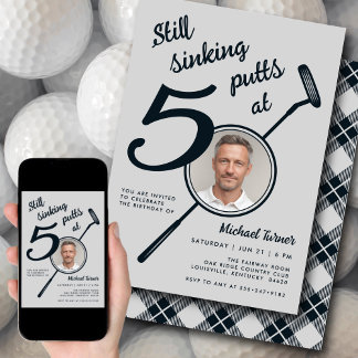 50th Golf Theme Birthday Adult Putter Photo Black Einladung