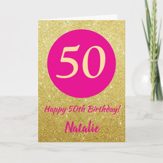 50th Happy Birthday Hot Pink und Gold Glitzer Karte (Vorderseite)