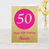 50th Happy Birthday Hot Pink und Gold Glitzer Karte (Gelbe Blume)