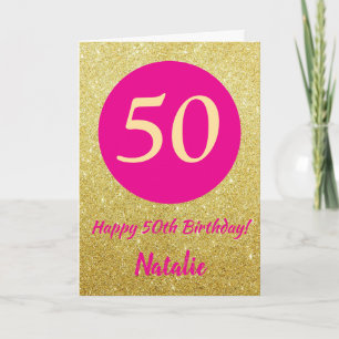 50th Happy Birthday Hot Pink und Gold Glitzer Karte