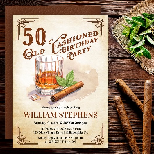 50th Old Fashioned Whiskey Cigar Birthday Party Einladung