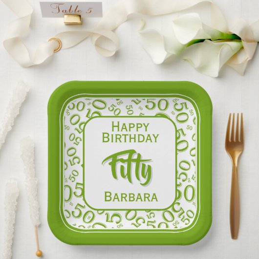 50th Party Random Number Pattern Green/White Pappteller (Hochzeit)