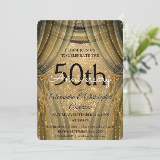 50th Wedding Anniversary Black and Gold Sparkle Einladung (Stehend Vorderseite)