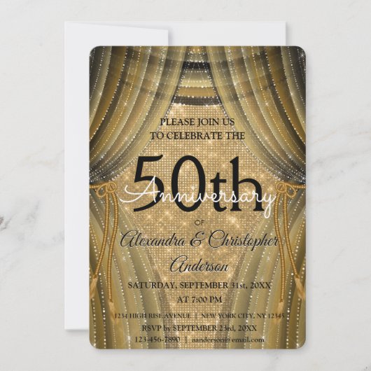 50th Wedding Anniversary Black and Gold Sparkle Einladung (Vorderseite)