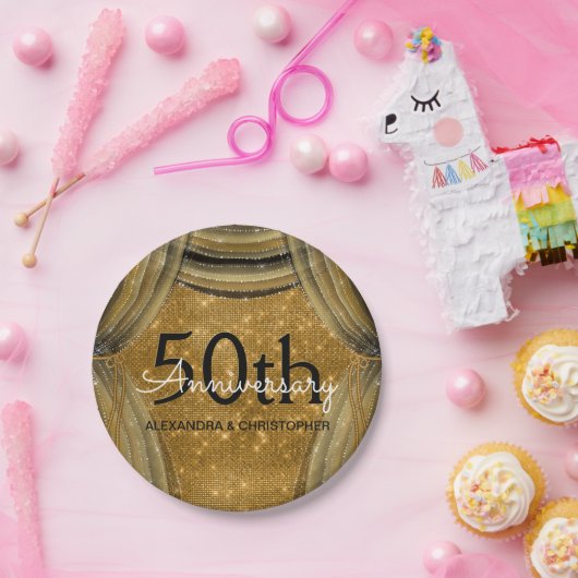 50th Wedding Anniversary Black and Gold Sparkle Pappteller (Party)