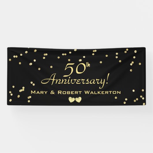 50th Wedding Anniversary Black mit Gold Hearts Banner (Horizontal)