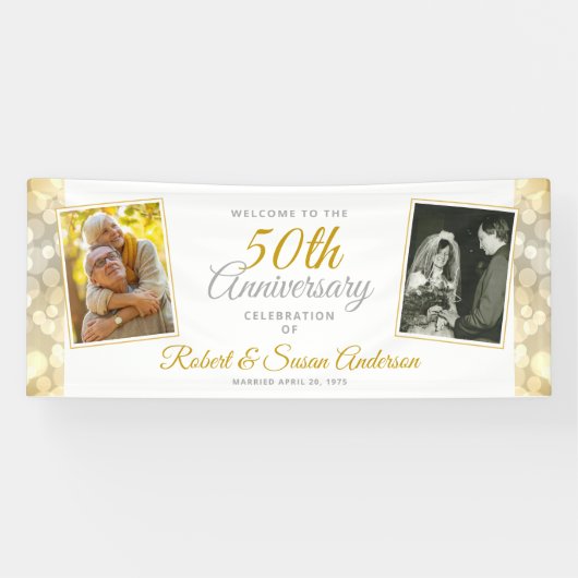 50th Wedding Anniversary Gold Bokeh Photo Welcome Banner (Horizontal)