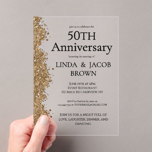50th Wedding Anniversary Gold Faux Glitter Acryleinladungen (Insitu (Handheld))