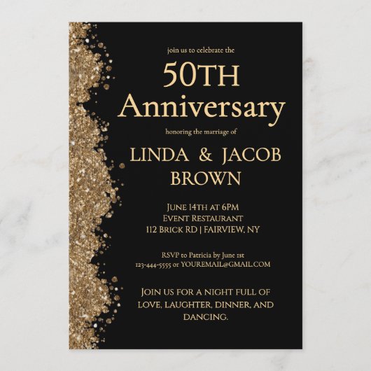 50th Wedding Anniversary Gold Faux Glitter Einladung (Vorderseite)