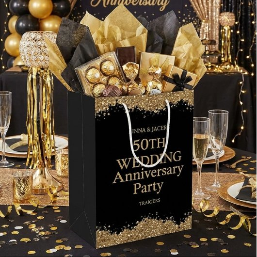 50th Wedding Anniversary Gold Faux Glitter  Mittlere Geschenktüte