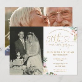 50th Wedding Anniversary Gold Heart Floral 2 Photo Einladung