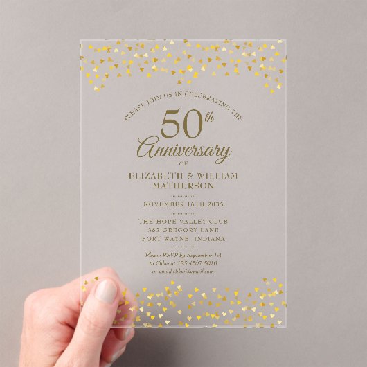 50th Wedding Anniversary Gold Love Hearts Confetti Acryleinladungen (Insitu (Handheld))
