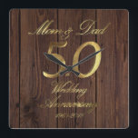 50th Wedding Anniversary Golden Wedding Parents Quadratische Wanduhr<br><div class="desc">Mom and Dad 50 years together,  Number 50 Gold Look Typography Golden Wedding Anniversary 50th Wedding Anniversary 50th Anniversary Party Rustic Dark Brown Wooden Look Background Elegant Wall Clock Unique Anniversary Gift for Parents</div>