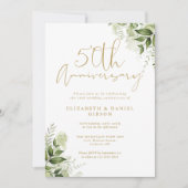 50th Wedding Anniversary Greenery Gold Script Einladung (Vorderseite)